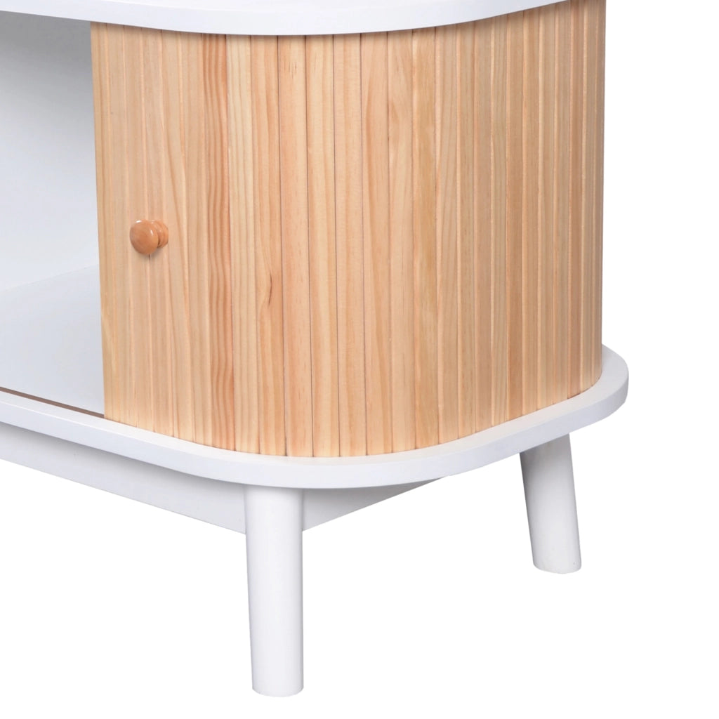 Mobile porta televisore bianco e legno con ante e cassetti intrecciati, ampio e resistente