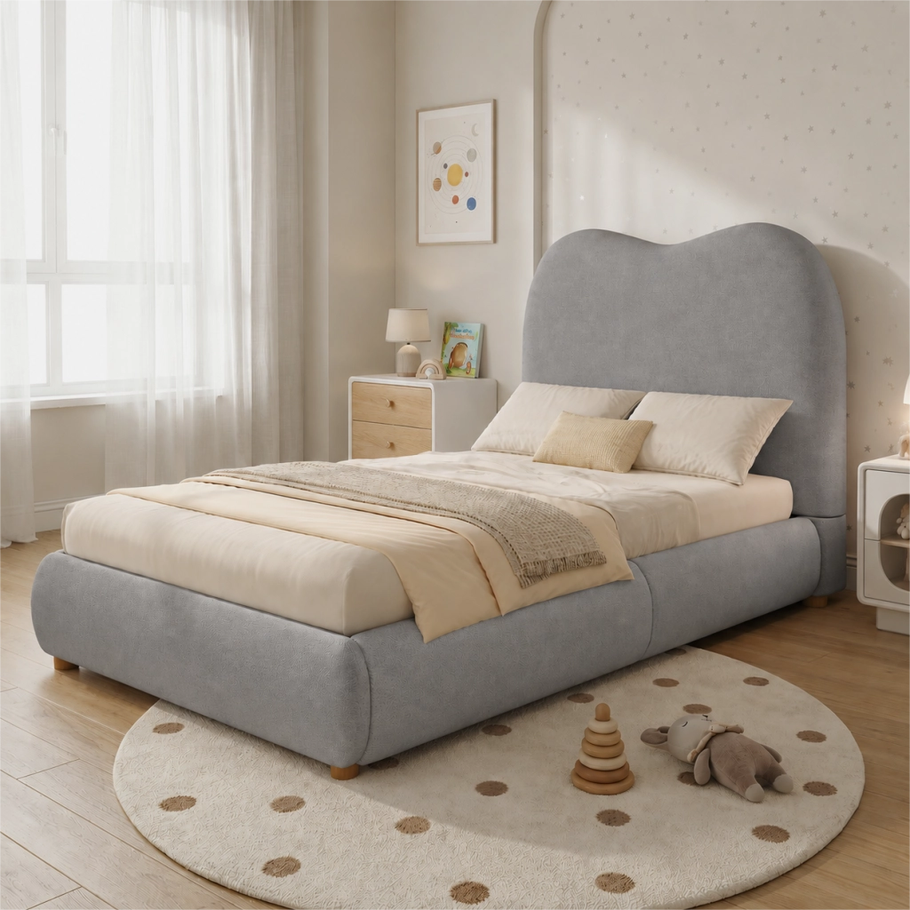DESMIU Letto Bambino 90 × 200 cm con contenitore idraulico, testiera imbottita e senza materasso, in lino, grigio