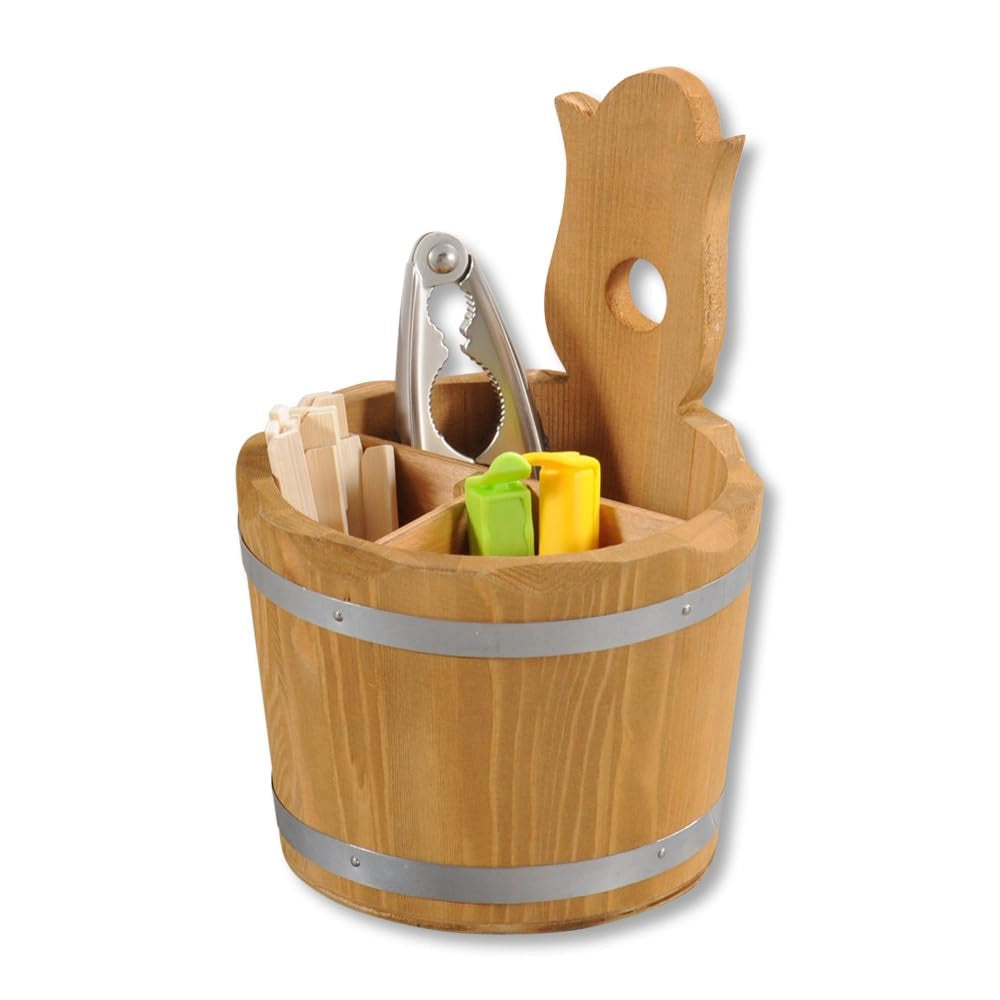 Contenitore per utensili in legno, con 3 scomparti, dimensioni 14x14x20 cm, colore marrone