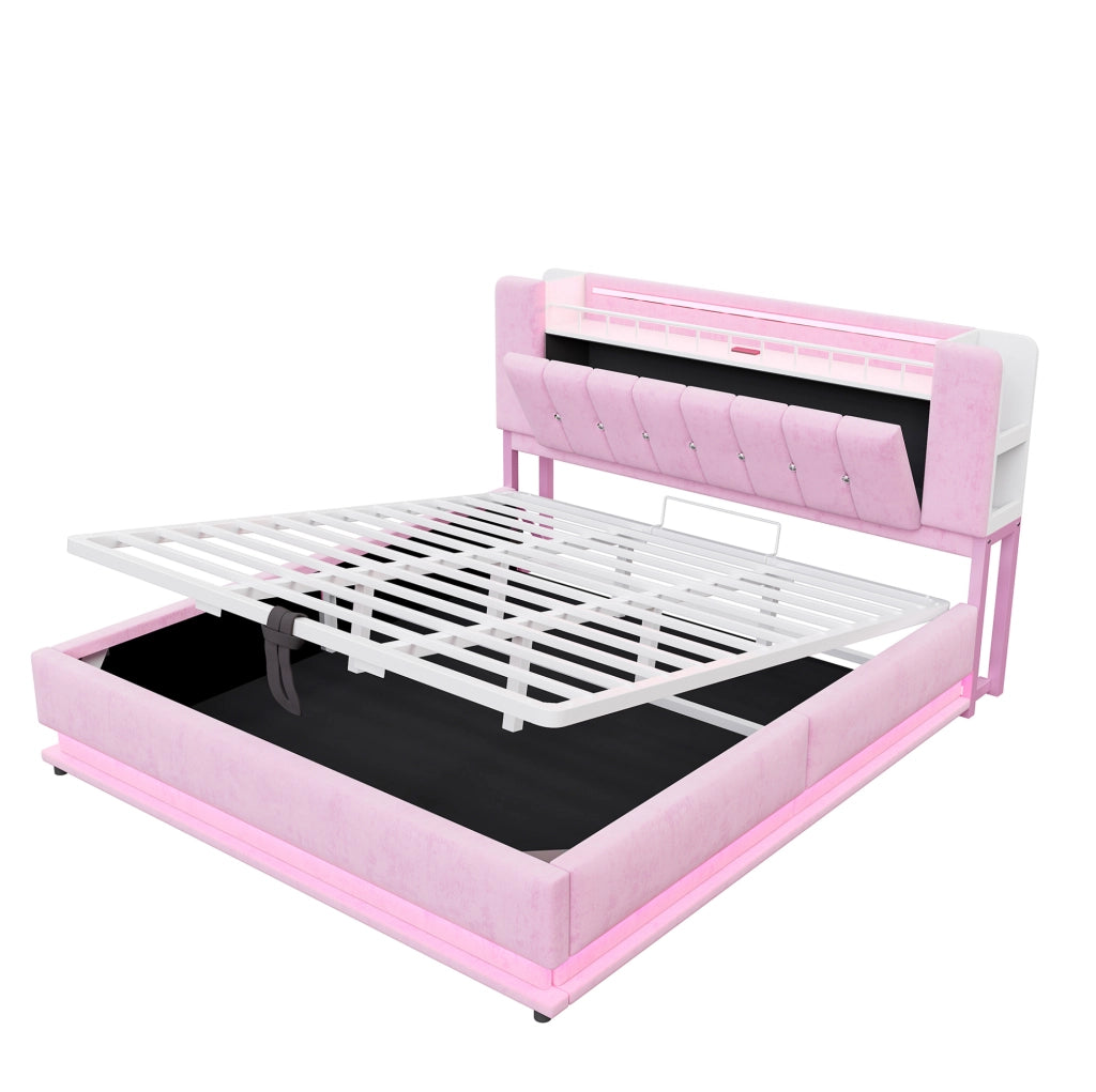 Letto matrimoniale imbottito 180x200 cm con LED, USB e contenitore, rosa