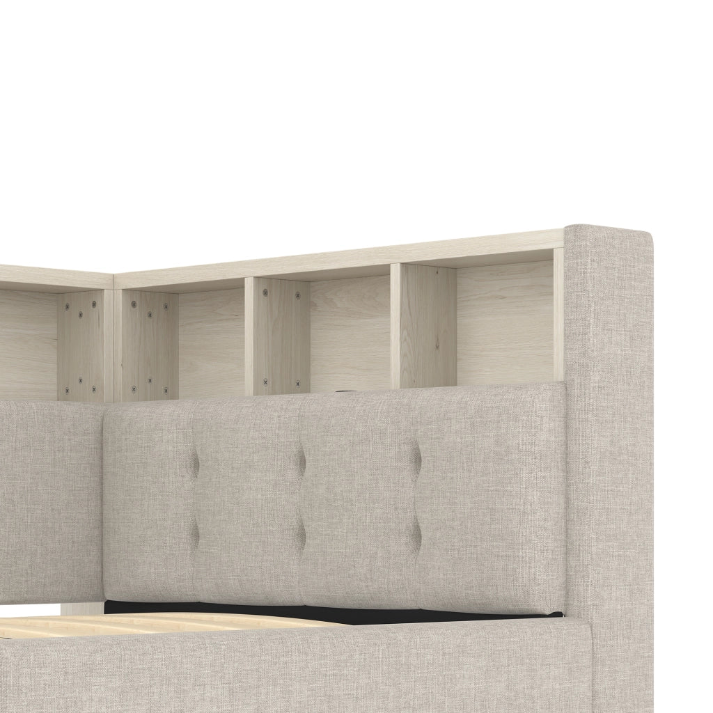 Letto divano 90 × 200 cm singolo con contenitore idraulico; LED regolabile; USB e Type-C; senza materasso; beige