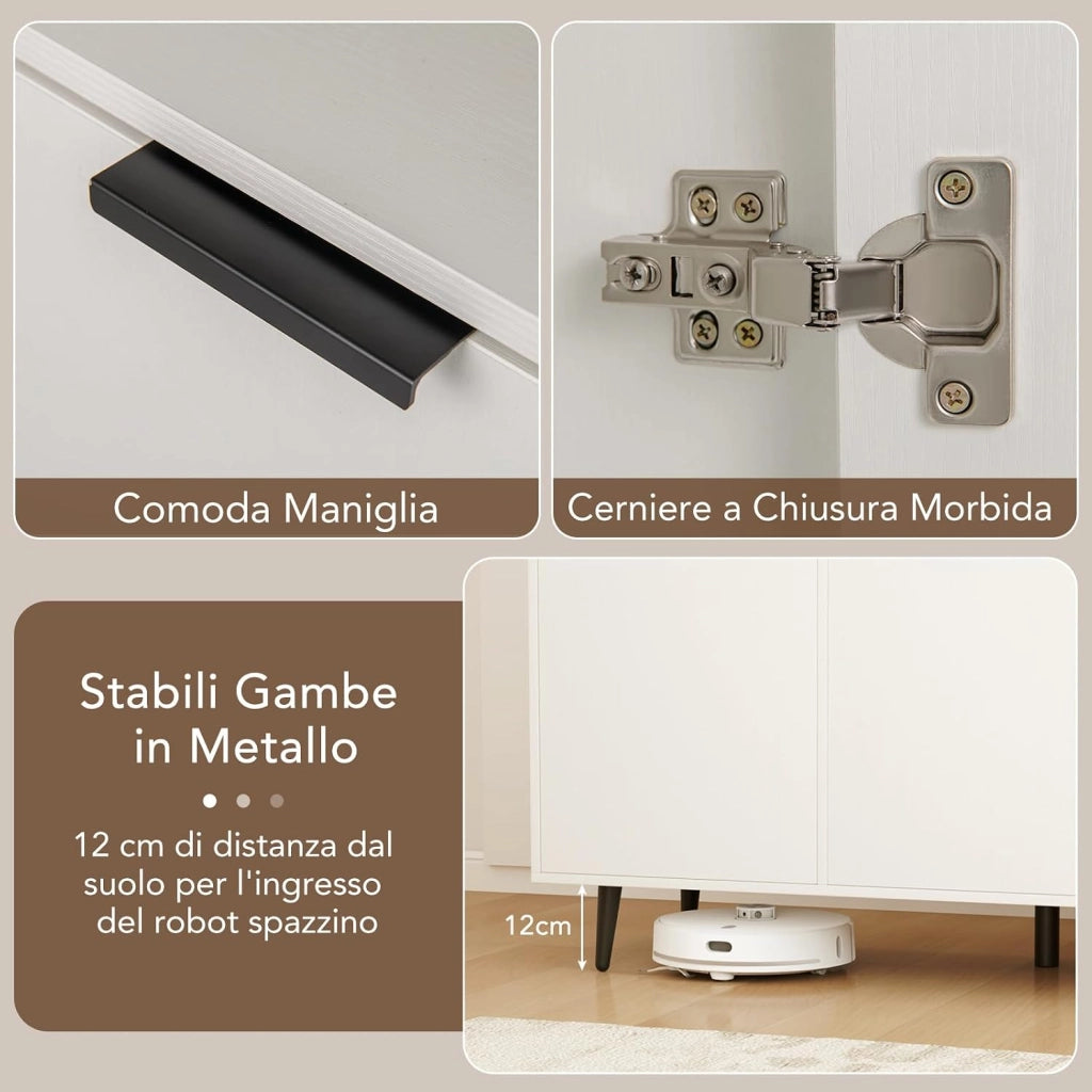 Credenza Buffet da Cucina con 3 Ante e 3 Ripiani Regolabili a 5 Livelli, Credenza Bassa con 3 Scomparti Aperti, Mobile Buffet per Salotto e Soggiorno, 120 x 40 x 90 cm, Bianco