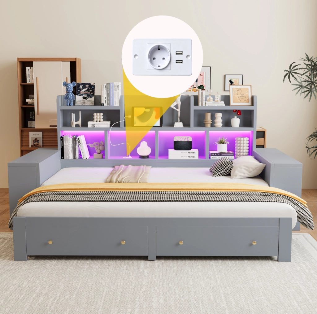 Divano letto estraibile 90x200/180x200 cm con cassetti, LED e prese in compensato e MDF grigio