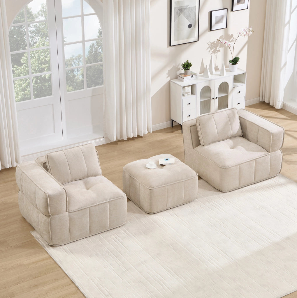 Divano modulare a L, 2 posti senza telaio con pouf beige in tessuto poliestere resistente, 198x162x67 cm