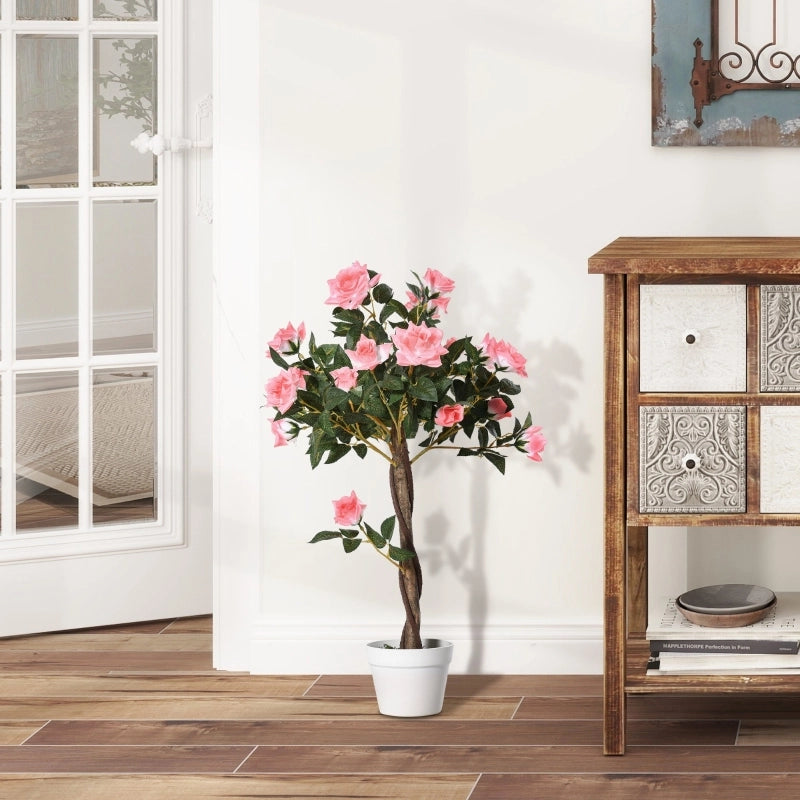 Albero artificiale di camelia rosa in plastica PE con vaso; foglie effetto seta e tronchi realistici; 90 cm