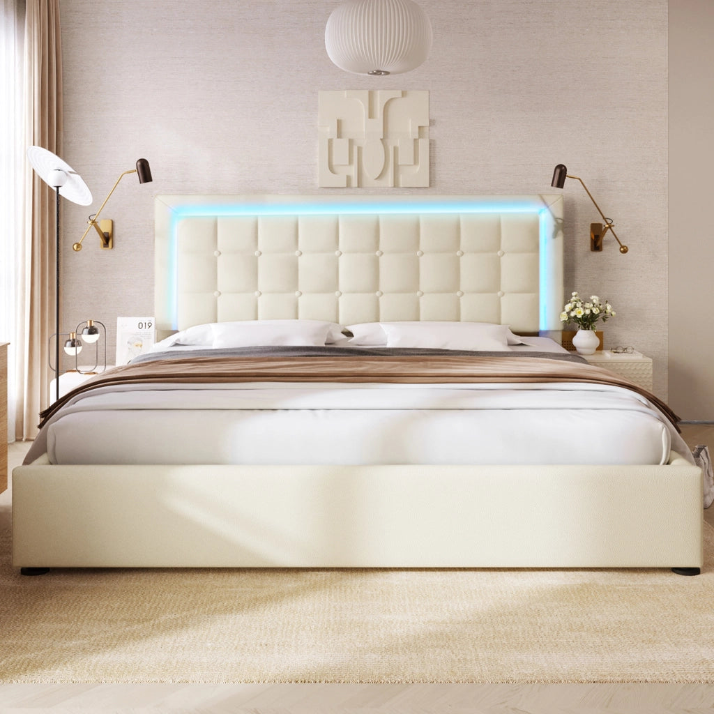 Letto contenitore 160 × 200 cm con materasso LED e rete a doghe rivestito in PU bianco con sollevamento idraulico