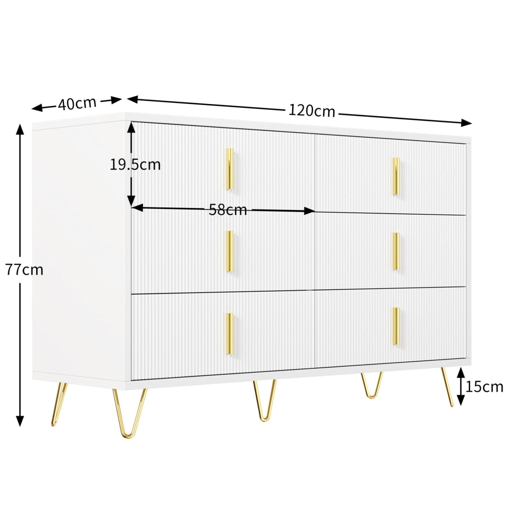 Sideboard 120x40x77 cm con sei cassetti; in truciolato; bianco e oro