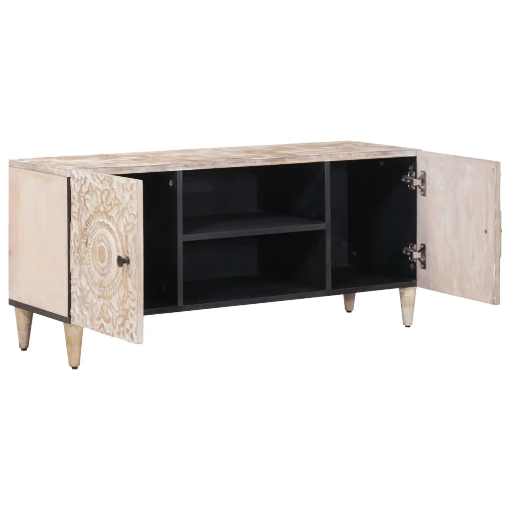 Mobile TV Bianco 105 x 33,5 x 46 cm Legno di mango massello 4018368