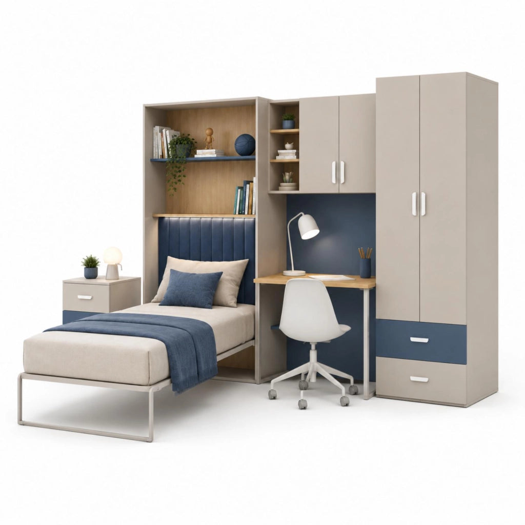 Cameretta Completa In Melaminico Con Letto A Scomparsa Armadio Scrivania E Cassettiera Soluzione Salvaspazio Per Camera Bambini E Ragazzi 133 X 208.5 X 45-216 Cm Cashmere E Blu