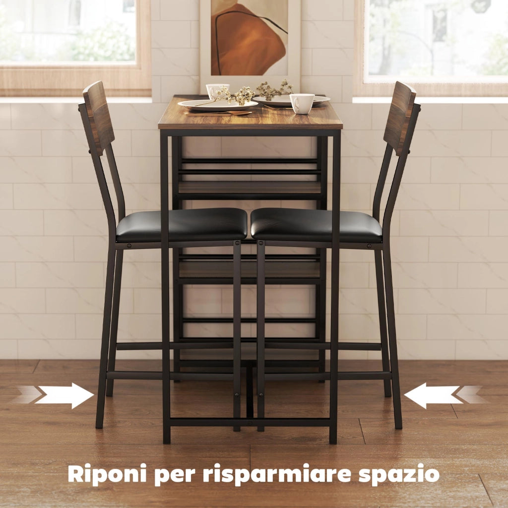 Set Tavolo da Bar con 3 Ripiani e 2 Sgabelli in Legno e Acciaio, Salvaspazio e Robusto per Cucina e Casa, Nero e Noce
