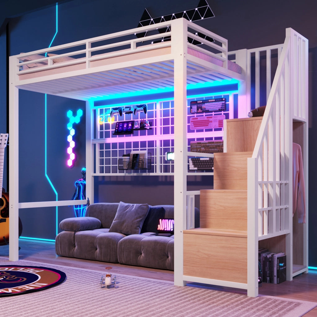 Letto a soppalco 90x200 cm con struttura in ferro, armadio con scala contenitore, griglia appendiabiti, luci LED a 7 colori, bianco, senza materasso