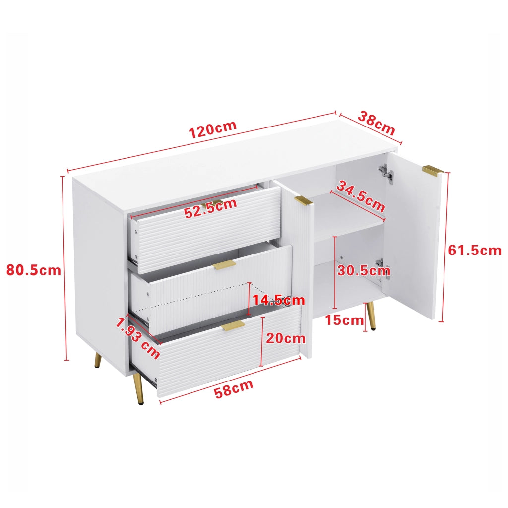 Credenza e madia con 2 ante, 3 cassetti e ripiani interni, stile moderno, in MDF, bianco e oro, 120 × 38 × 80.5 cm