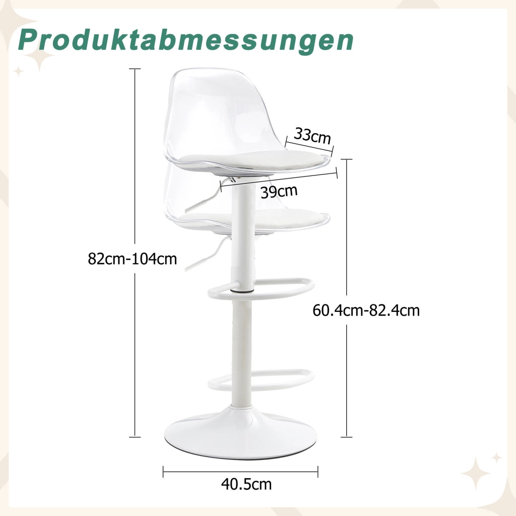 SGABELLO DA BAR Regolabile 82-104 cm Trasparente e Bianco Set da 2 pezzi