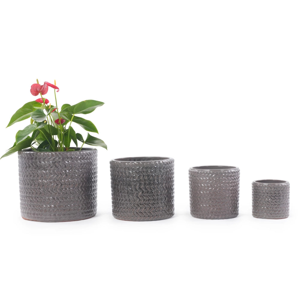 Set di 4 Vasi in Ceramica Fatti a Mano (Ø37/31/24,5/17,5 cm) Grigio Lucido con Rilievo a Spina di Pesce, Fori di Drenaggio, Resistente al Gelo per Interni e Esterni