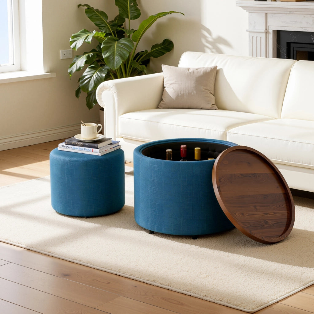 Set di 2 Pouf Nesting con Contenitore, Rivestimento in Lino Blu e Vassoio in Legno, Tavolino e Panca tonda Ø 58 cm
