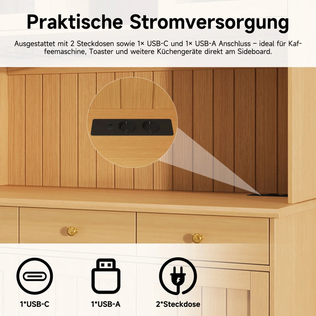 Credenza Alta da Pranzo 120x40x191 cm, Colore Naturale, Ante in Vetro, Portabicchieri, Ampio Spazio, Presa Integrata con USB-C e USB-A