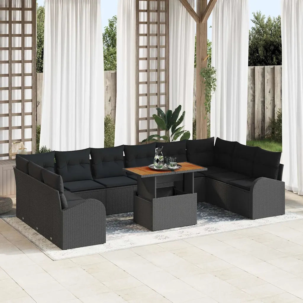 Set Divano da Giardino 11 pcs Nero Poly Rattan