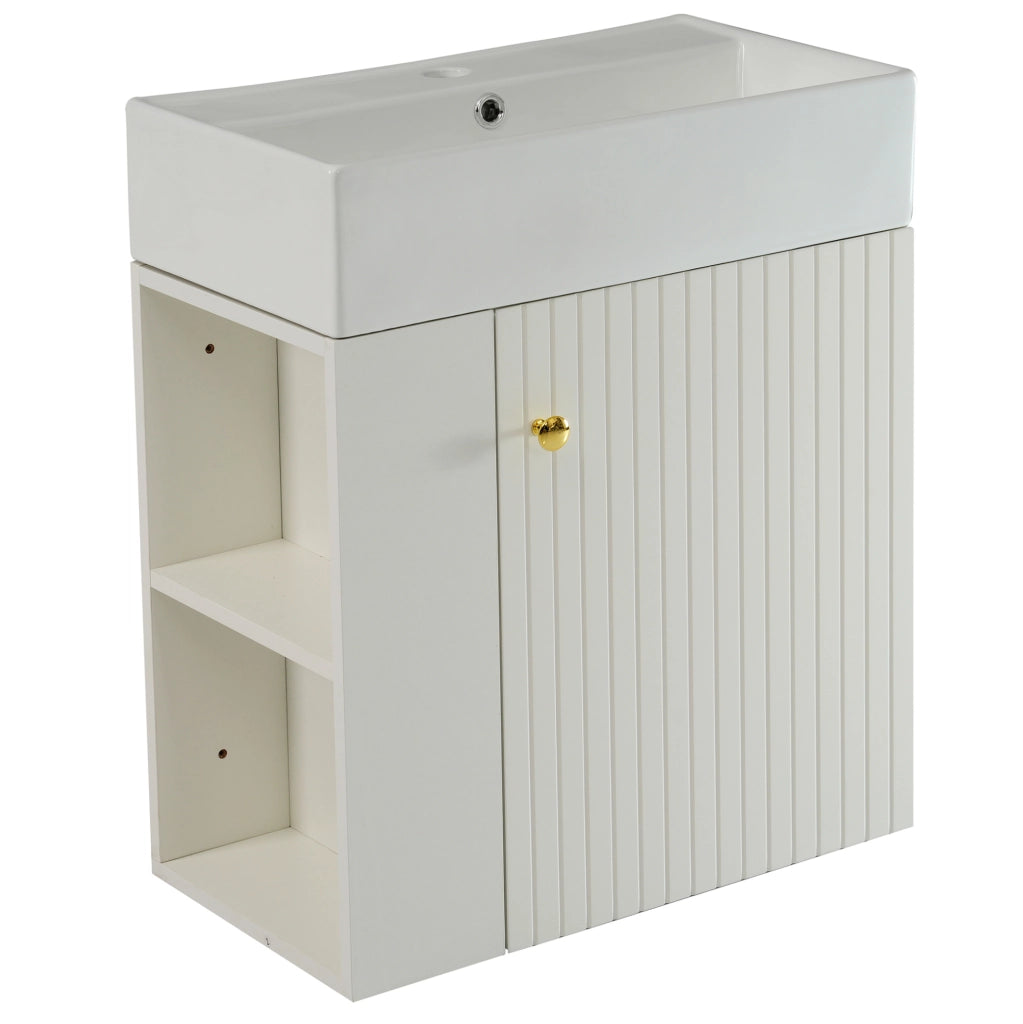 Mobile bagno compatto bianco con lavabo in ceramica e ripiani laterali