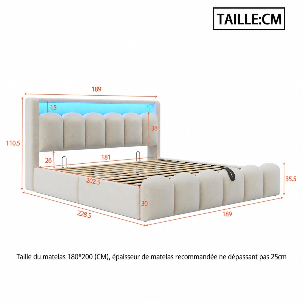 Letto contenitore 180x200 cm in velluto beige con LED, USB Type-C e vano portaoggetti
