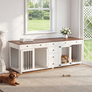 Gabbia per Cani da Interno in Legno con 8 Cassetti e Chiusure di Sicurezza Bianco e Noce per Due Cani