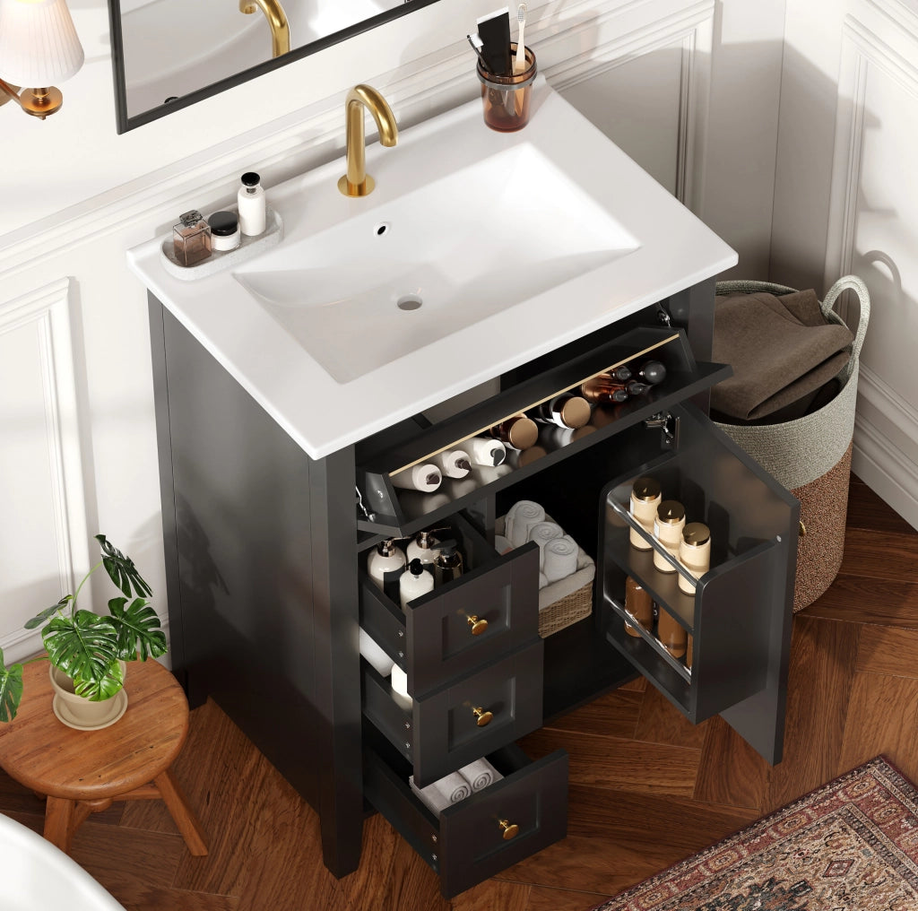 Mobile sottolavabo 61 cm con lavabo in ceramica, MDF nero lucido e 3 cassetti