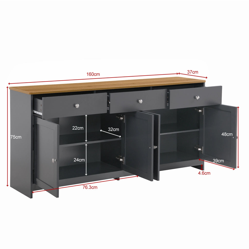 Credenza con quattro ante tre cassetti e ripiani regolabili in MDF grigio nero e finitura legno 160 × 37 × 75 cm