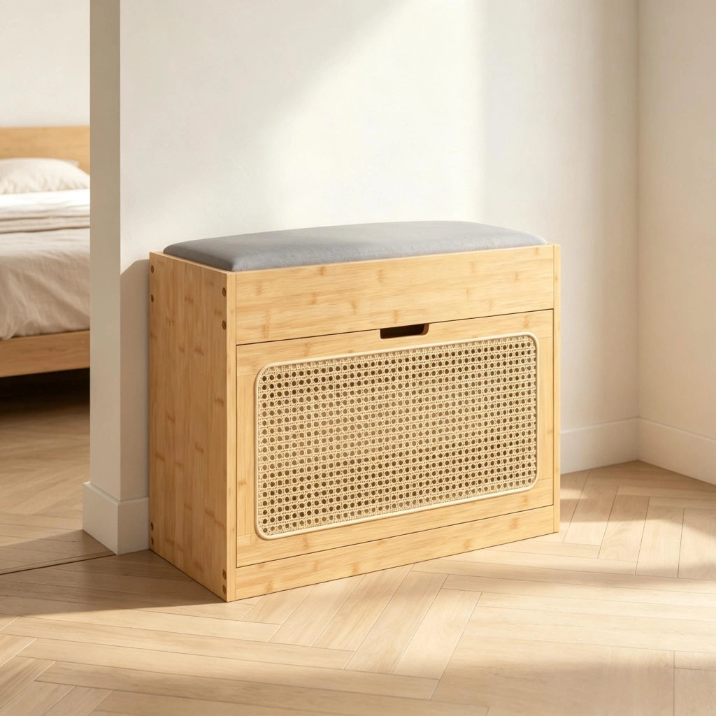 Panca da ingresso con scarpiera in bambù naturale anta in rattan PE cuscino e ripiani regolabili 48 × 63 × 29 cm