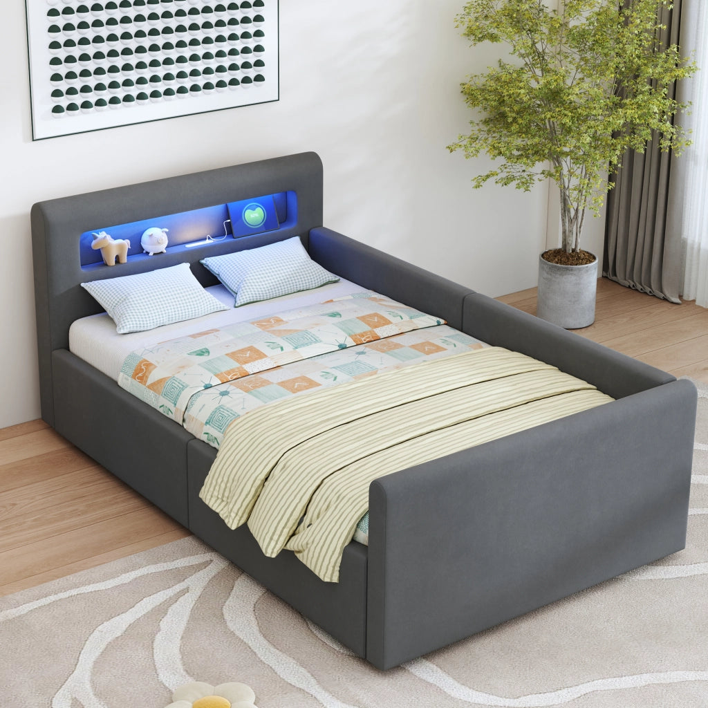 Letto contenitore 90x200 cm per bambini con LED; luce notturna; USB; ripiano; velluto; grigio scuro