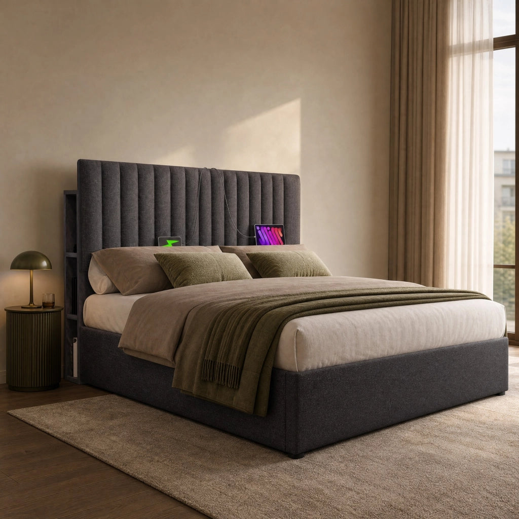 Letto contenitore 160 × 200 cm con testiera imbottita LED USB e Type C in grigio