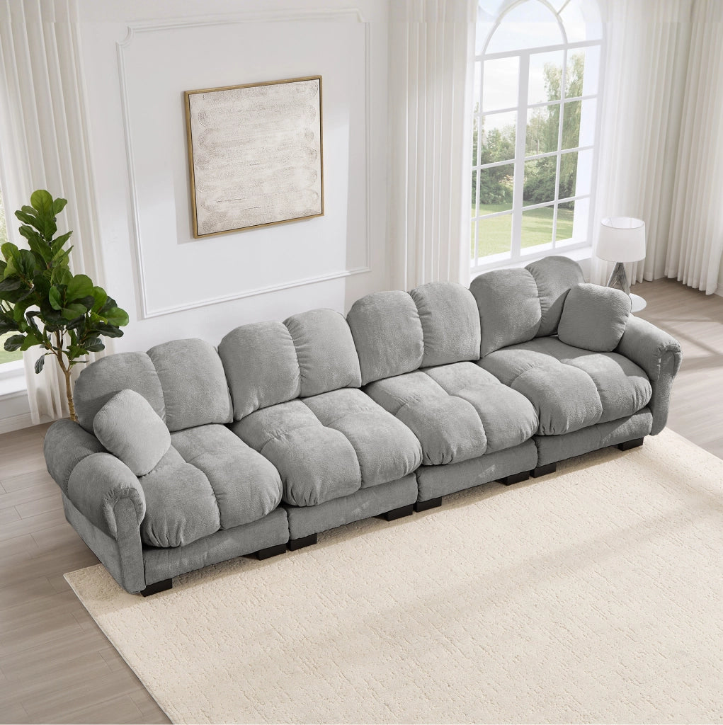 Divano modulare 330x86x90 cm in ciniglia grigio chiaro, cuscini spessi