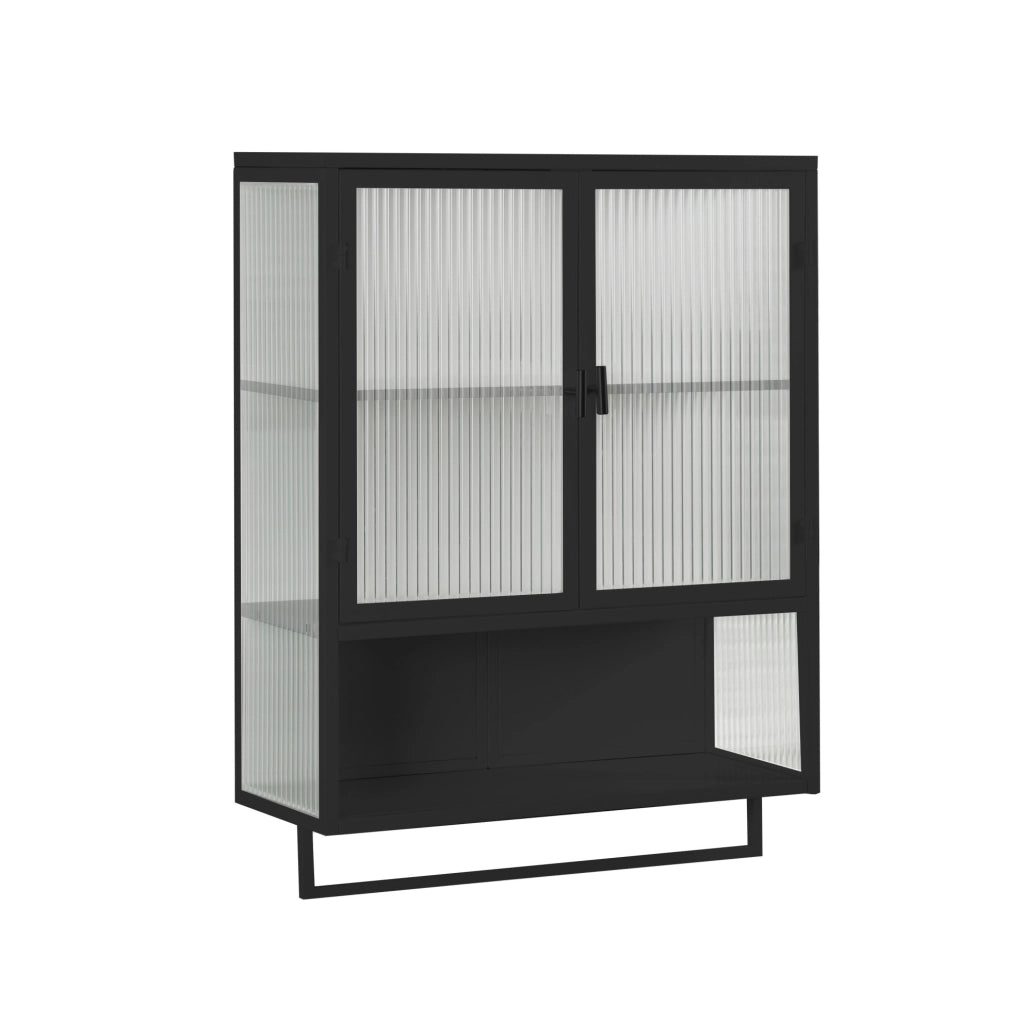 Mobiletto pensile 60x23x78 cm con 2 ante in vetro scanalato; ripiano e porta asciugamani nero HOMVRA