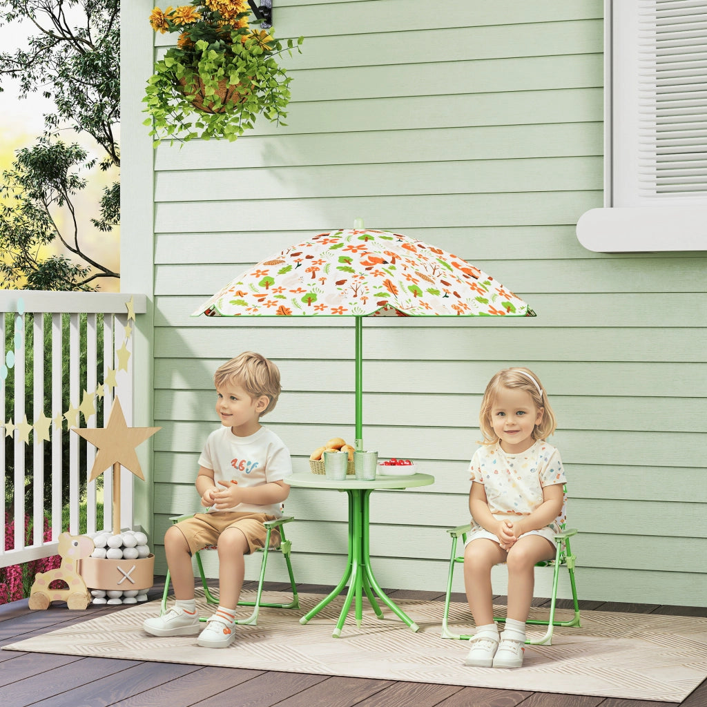 Set da Giardino per Bambini 2-5 Anni con Tavolino Rotondo, 2 Sedie Pieghevoli e un Ombrellone, Verde