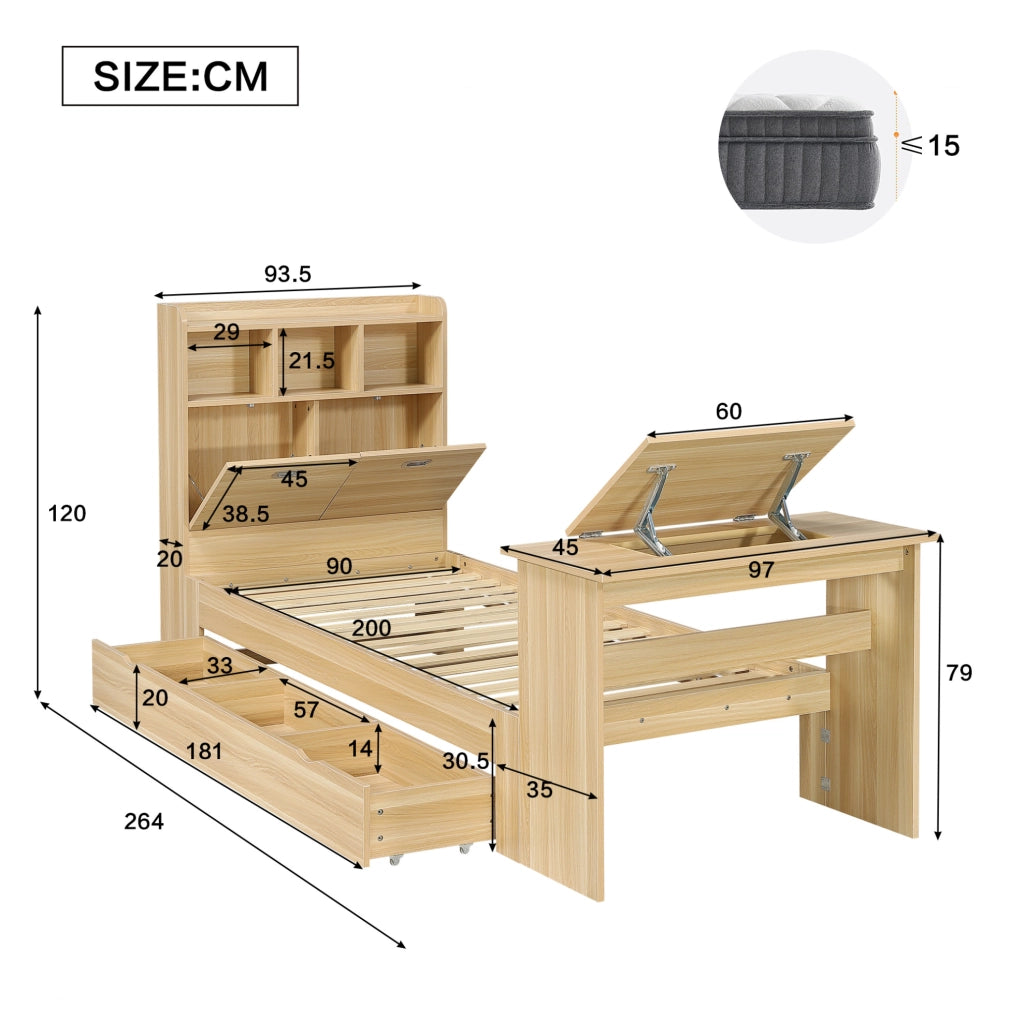 Letto singolo ULEVR 90x200 cm con cassetto, ripiano testiera e tavolo pieghevole regolabile, rovere naturale