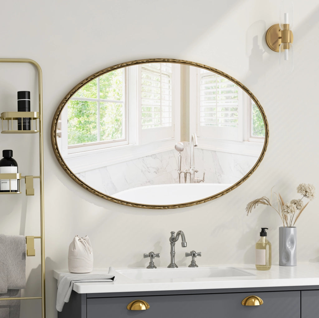 Specchio Ovale da Parete in Ferro Battuto con Effetto Antico, Cornice Dorata, per Bagno, Camera e Soggiorno