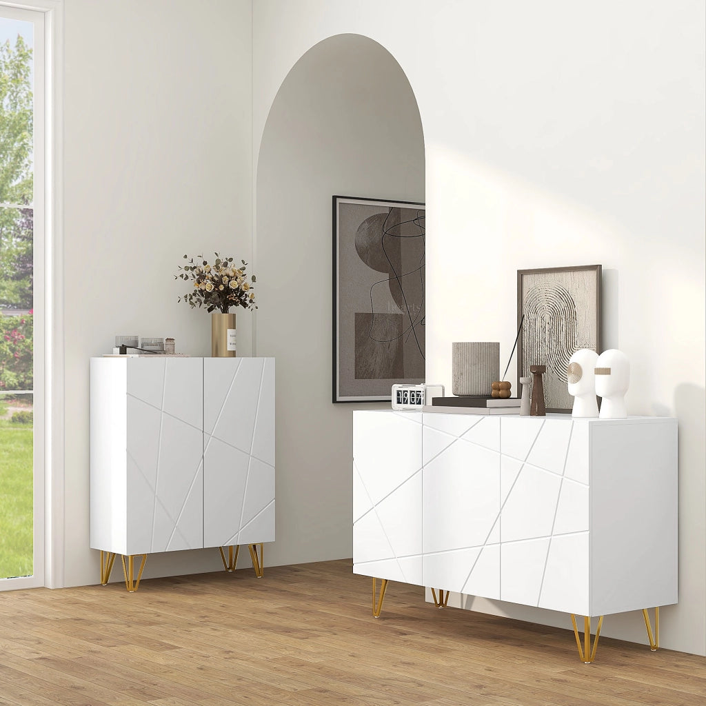 Credenza Moderna Mobile Contenitore per Casa con 2 Armadietti Ripiani Regolabili in Truciolato e Metallo 120x40x75 cm Bianco e Oro