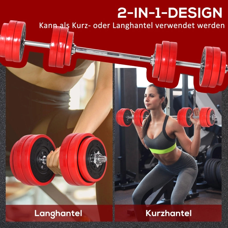 Set Manubri Regolabili 20/30 kg, 2-in-1 Manubri e Bilanciere, Acciaio/PP/Sabbia, Rosso/Nero, 21,5x21,5x3,8 cm, Fitness Casa