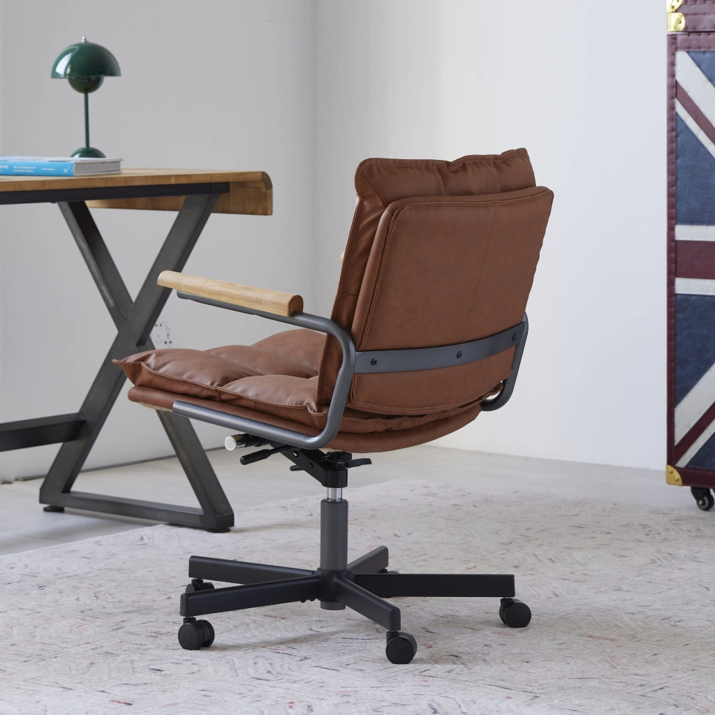 Sedia da ufficio ergonomica girevole con altezza regolabile e braccioli in rovere, in similpelle e metallo marrone