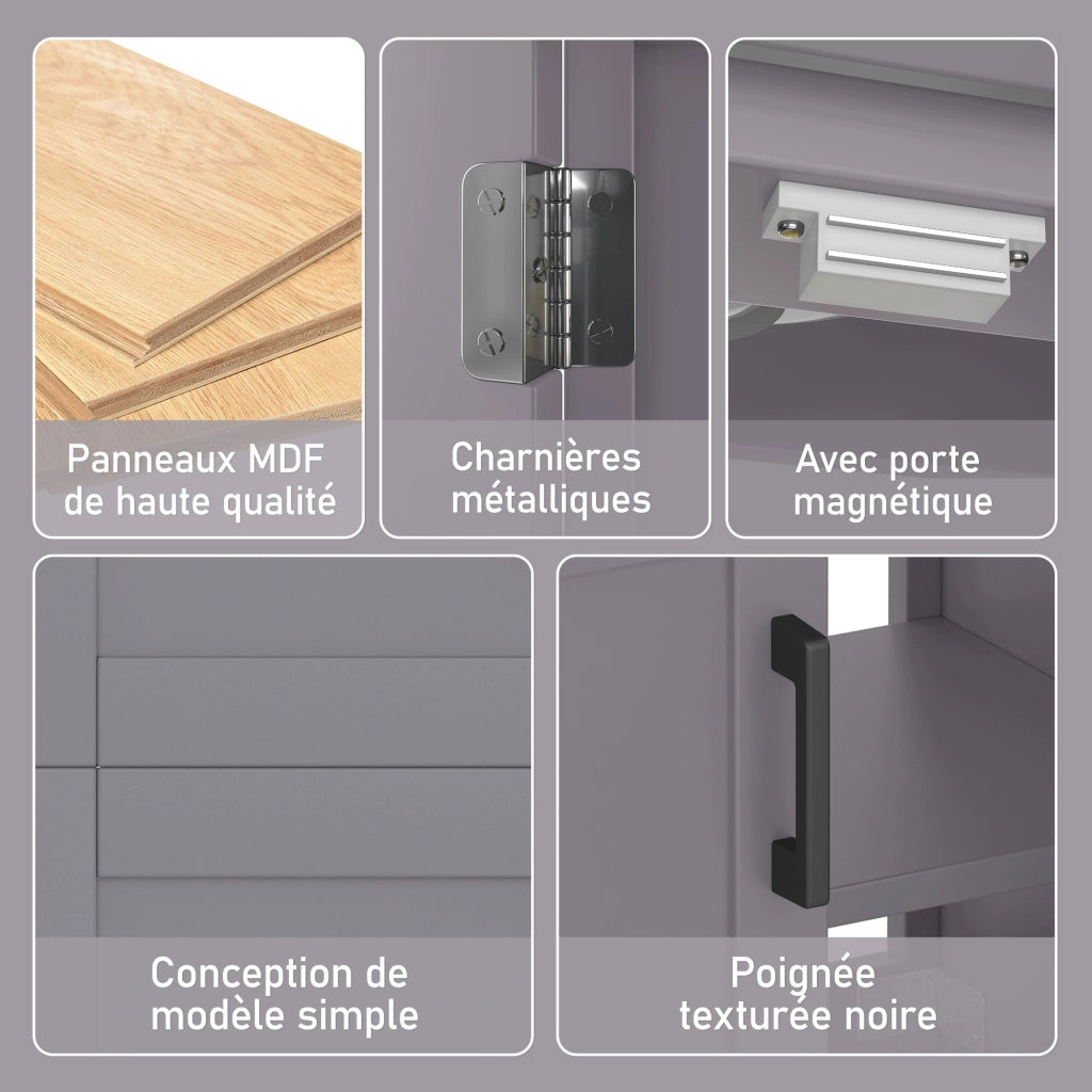 Mobile bagno da terra con lavabo in ceramica integrato, 60x46x84,8 cm, grigio, doppia anta, cassetti e ripiani regolabili
