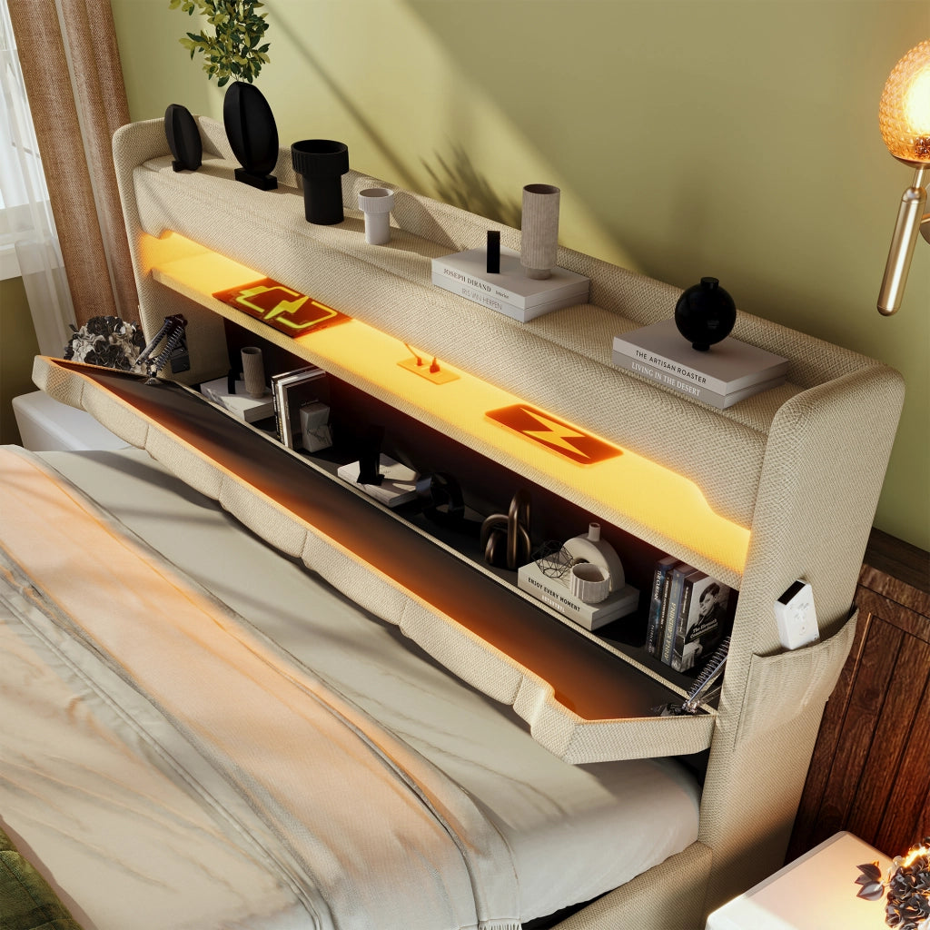DESMIU Letto Contenitore 140 × 200 cm 2 posti con LED, USB, Type-C e vano idraulico, con materasso, beige