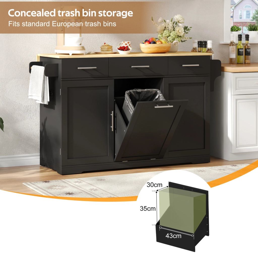 Isola da cucina mobile 136x50/75x92 cm con piano ribaltabile; prese USB; MDF nero/naturale