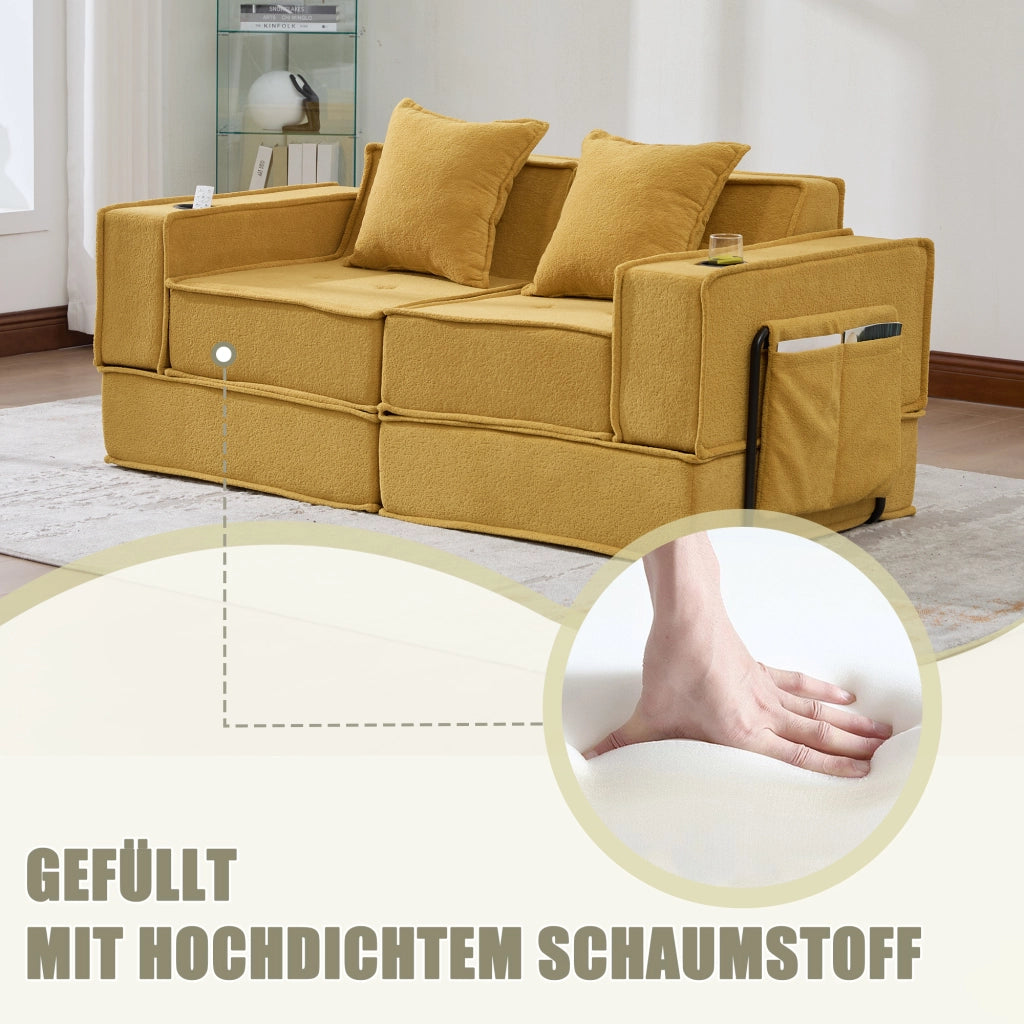 Divano letto 2 sedili convertibili con letto matrimoniale; pouf con portaoggetti e porta tazze; cuscini 2; velluto a coste; Giallo