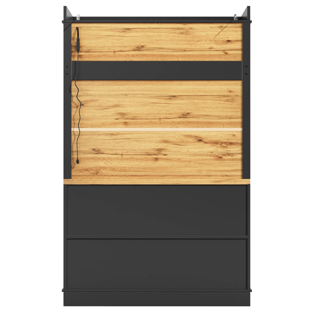 Mobile colonna da cucina con LED USB; due ante; 6 ganci e ripiano aperto in MDF nero 107 × 43 × 184 cm
