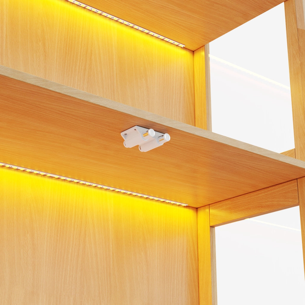 Vetrina per statuine e modellini, 80 per 35 per 170 cm, quattro ripiani, LED multicolore, MDF e vetro temperato, legno naturale