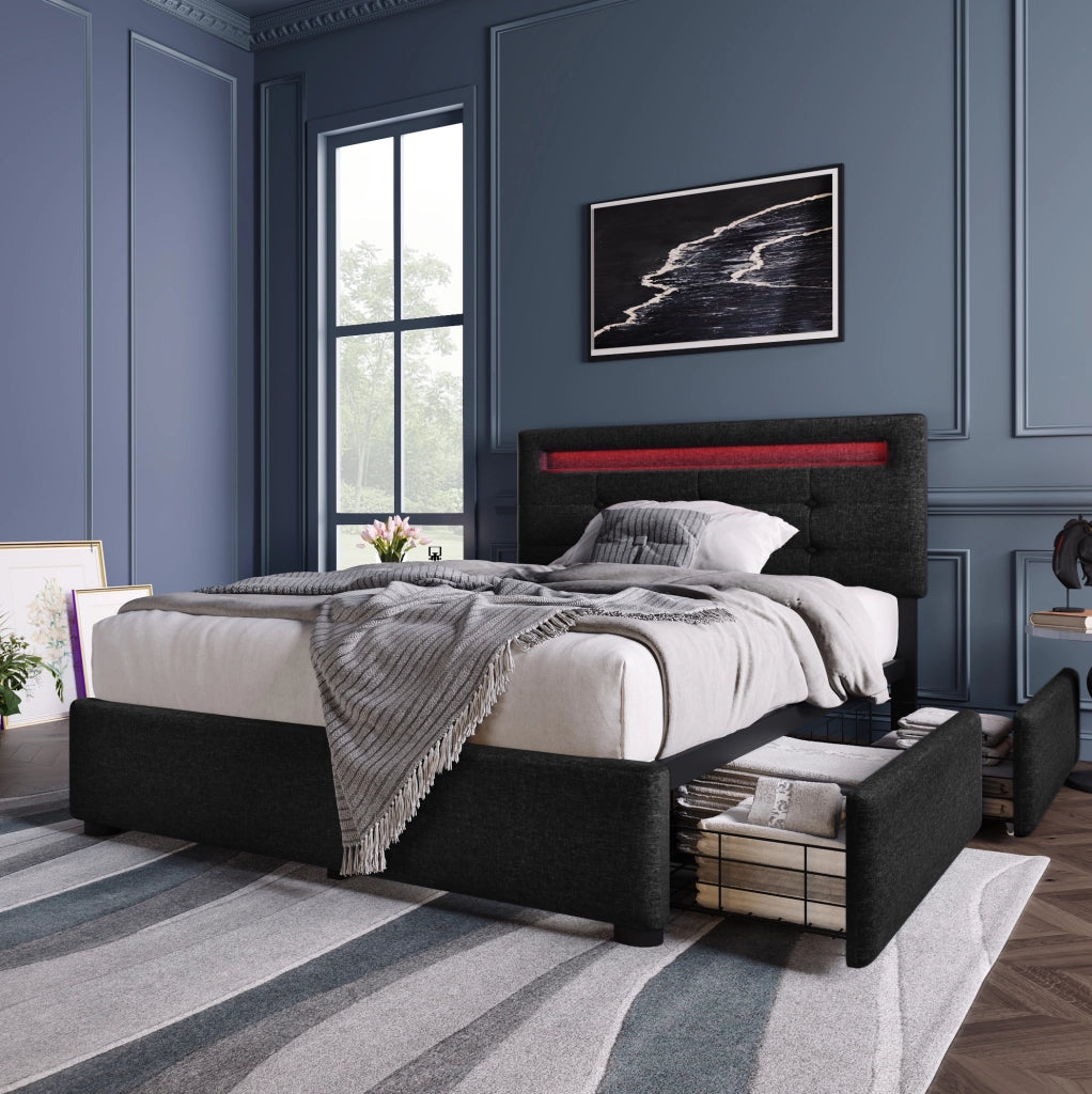 Letto singolo 90x200 cm con LED, 2 cassetti e testiera regolabile in lino nero