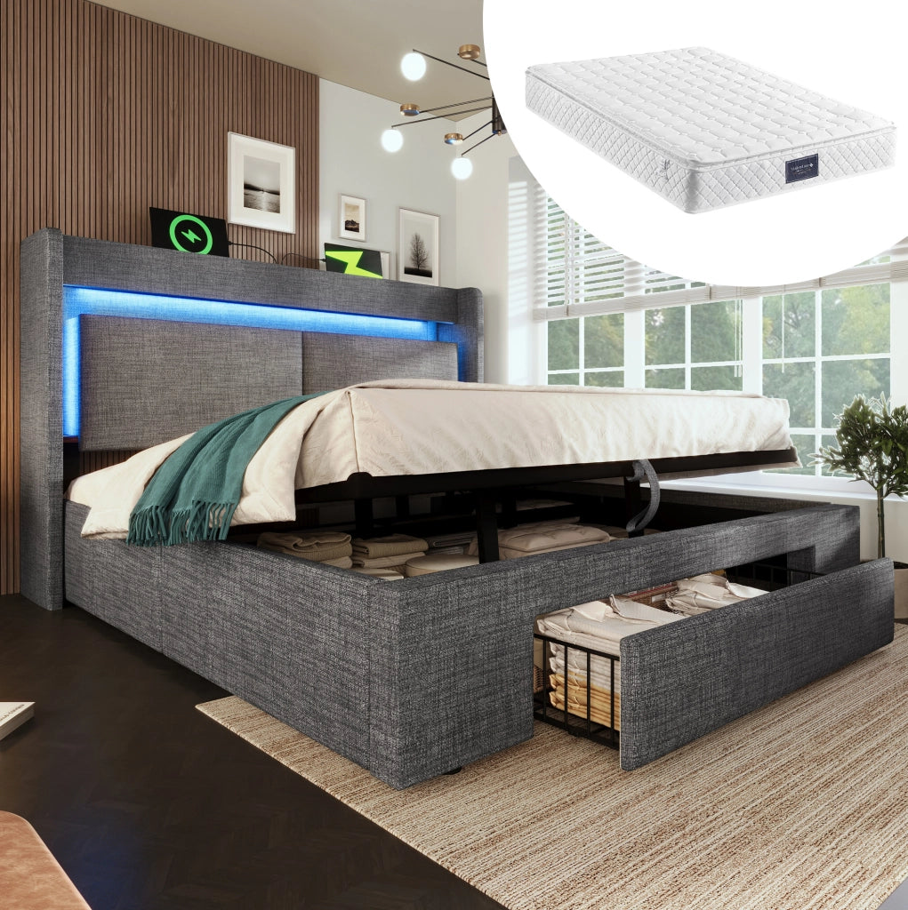 Letto matrimoniale 140x200 cm con contenitore idraulico, testiera con USB e LED, materasso incluso