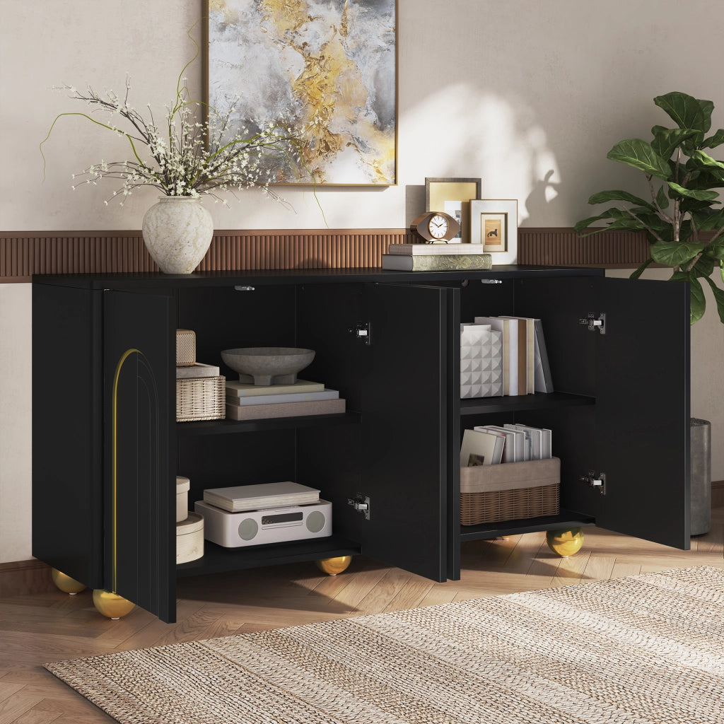 Madia a quattro ante con ripiani fissi e cerniere ammortizzate in MDF e pannello truciolare nera 140 × 40 × 74 cm