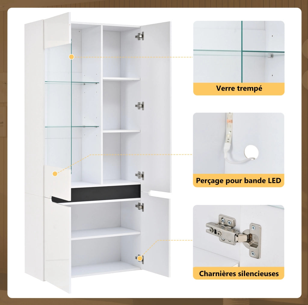 Vetrina bianca con LED, 4 ante in MDF e vetro temperato, 80×35×180 cm per soggiorno e sala da pranzo