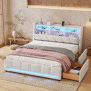 Letto imbottito 140x200 cm con cassetti, luce LED a controllo APP, tessuto lino beige, senza materasso