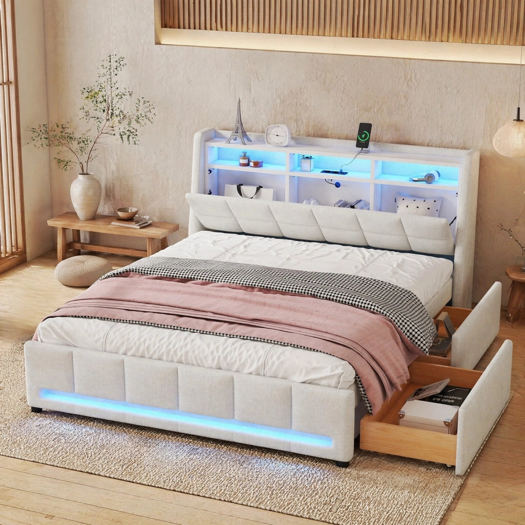 Letto imbottito 140x200 cm con cassetti, luce LED a controllo APP, tessuto lino beige, senza materasso