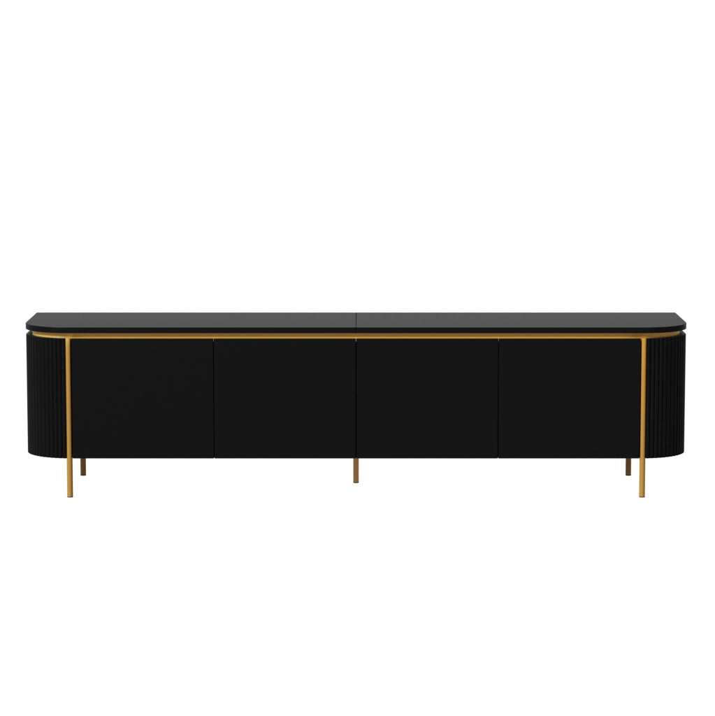 Mobile TV in MDF nero con 6 ante, piedi in ferro e passacavi, design con lati scanalati e angoli arrotondati, 180x38x46 cm